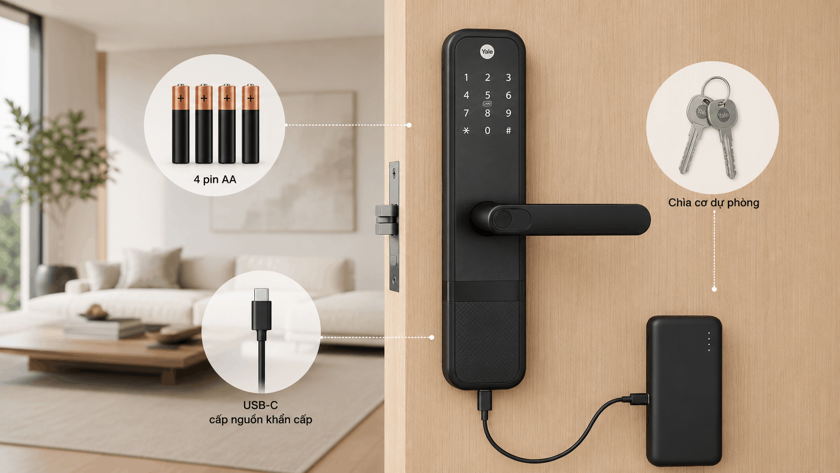 chức năng sạc dự phòng khóa vân tay yale ruzi